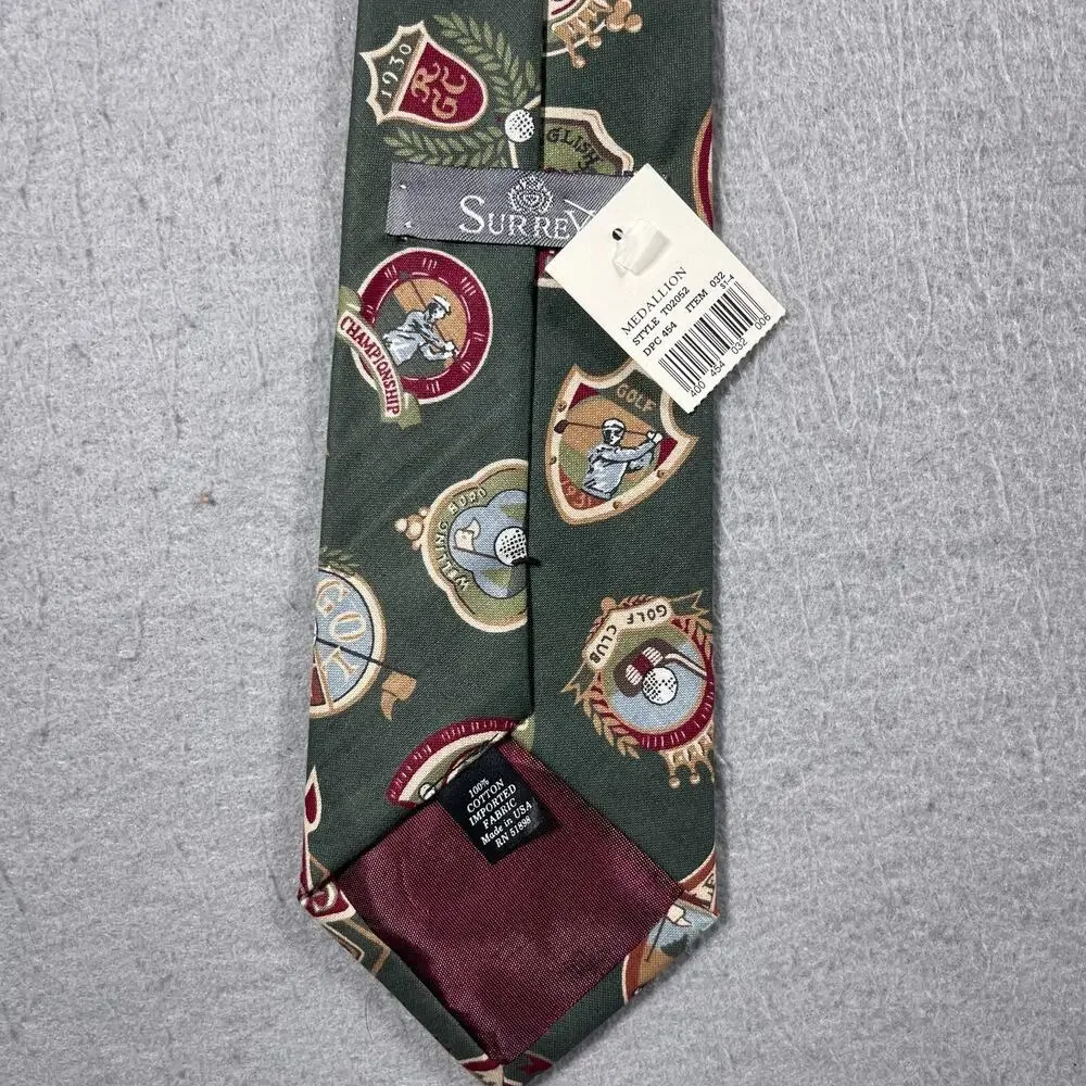 VTG Surrey Tie Men Green Golf Club Print Necktie‎ Medallion Cotton USA 58